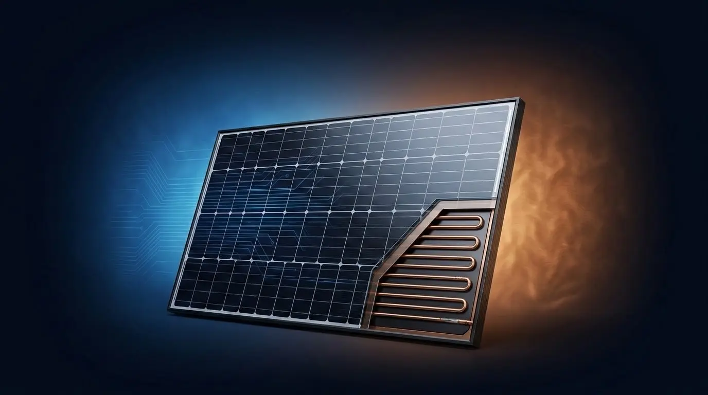 Cutaway illustration of a hybrid PV-T solar panel: photovoltaic cells on the front, a copper thermal coil bonded to the rear absorber plate